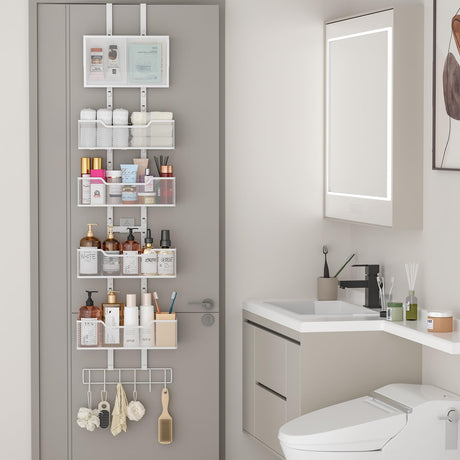 Hongtamoya Adjustable Over The Door Organizer, Hanging Door Storage with PVC Pocket and 4 Metal Baskets Wall Mount, Behind Door Rack for Bathroom Pantry Cabinet Bedroom Closet, White Hongtamoya