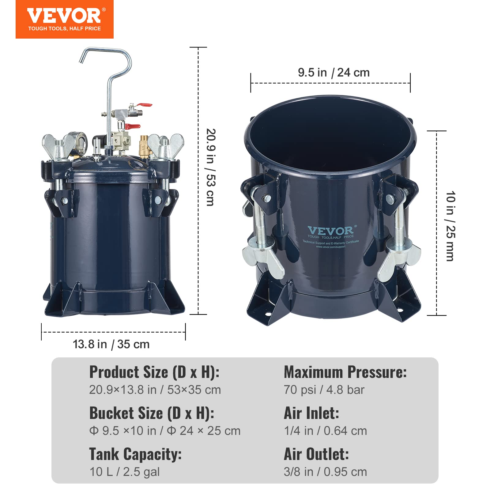 VEVOR Spray Tank 10L/2.5gal Air Pressure Pot for Resin Casting, Metal Rack & Leak Repair Sealant for Industry Home Decor Architecture Construction Automotive Painting, 70PSI Max, Black - WoodArtSupply