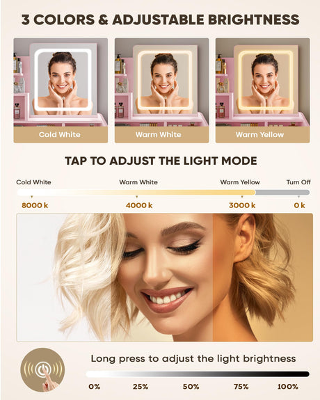 LIVELYGLOW Vanity Desk Set with Square Mirror and Light- Small Vanity Tale with Drawers- Pink LIVELYGLOW