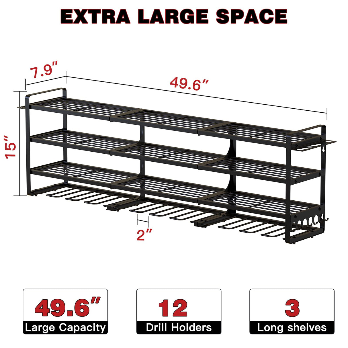 NattyDot Large Power Tools Organizer Wall Mount,12 Drill Holder for Garage, Workshop Heavy Duty Storage Rack NattyDot