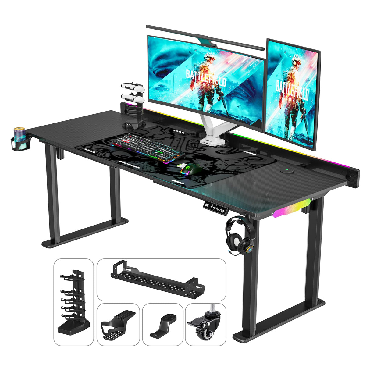 JWX 4 Legs Standing Desk with Dual Motor, Flip-up Cable Management Design with Acrylic Led Light JWX