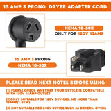 Kanayu NEMA 5-15P to 10-30R 15Amp Dryer Adapter Cord Compatible Female Power Adapter 15 Amp 3 Prong Female Receptacle ONLY for 120V Device EV Power Cord, 12Inch long Kanayu