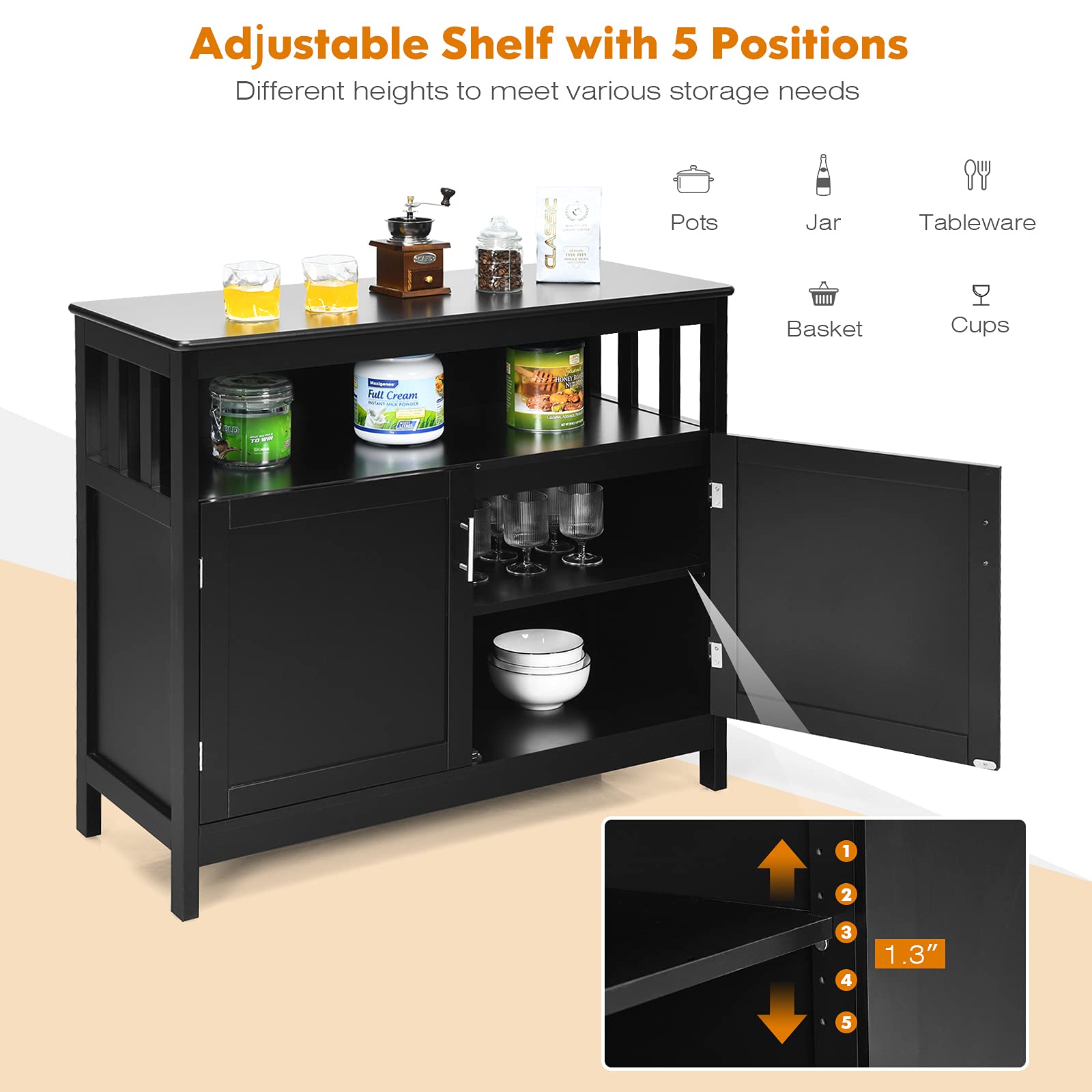 Giantex Kitchen Buffet Sideboard, Wooden Storage Server Cupboard Cabinet, Dining Room Living Room Bar Furniture 2-Door Console Table w/ 5-Position Adjustable Shelf & Open Shelf Drawer Cabinet - WoodArtSupply