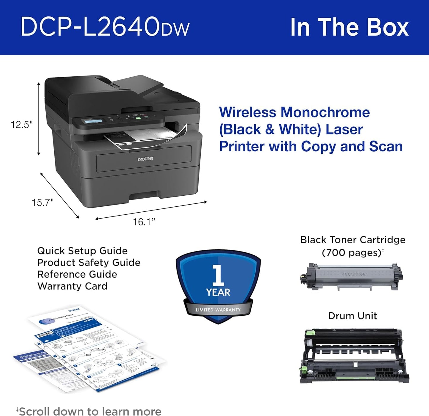 Brother DCP-L26 Series Wireless Monochrome 3-in-1 Laser Printer, 36 ppm in Black, 250 Sheets, Mobile Printing, Automatic Two-Sided Printing, Refresh Subscription Trial, Gray, with MTC Printer Cable