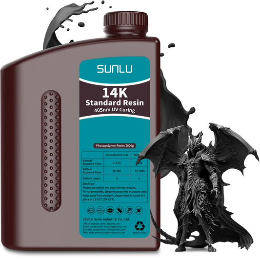 SUNLU 14K High Precision 3D Printer Resin 1KG, Standard 3D Printing Resin for Detail Printing Miniatures, Fast Curing 405nm UV Photopolymer Resin, Smooth Matte Surface, Better Liquidity, 1000G Black