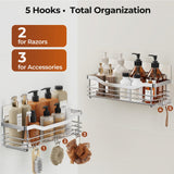 Orimade Shower Caddy Basket Shelf with 5 Hooks Adhesive Organizer Storage Rack Rustproof Wall Mounted Stainless Steel No Drilling for Bathroom, Toilet, Kitchen - 2 Pack Orimade
