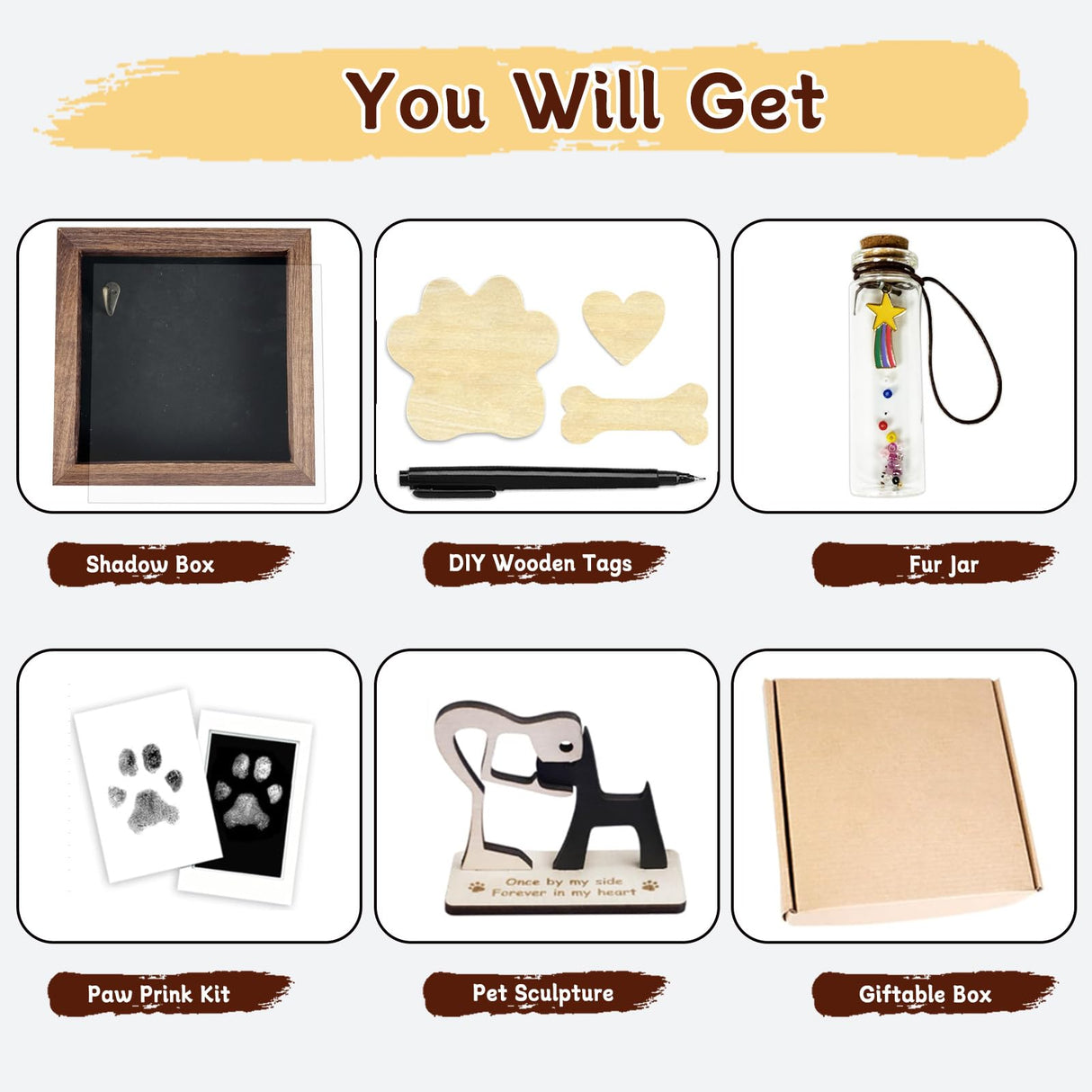 Dog Memorial Shadow Box Gift Pet Memory Display Case Wooden Picture Frame Pet Paw Ink Kit Glass Fur Jar Pets Keepsake Holder for Passed Away Dogs Cats idea Gifts for Pet Lover (Brown Dog Frame) TIOTG