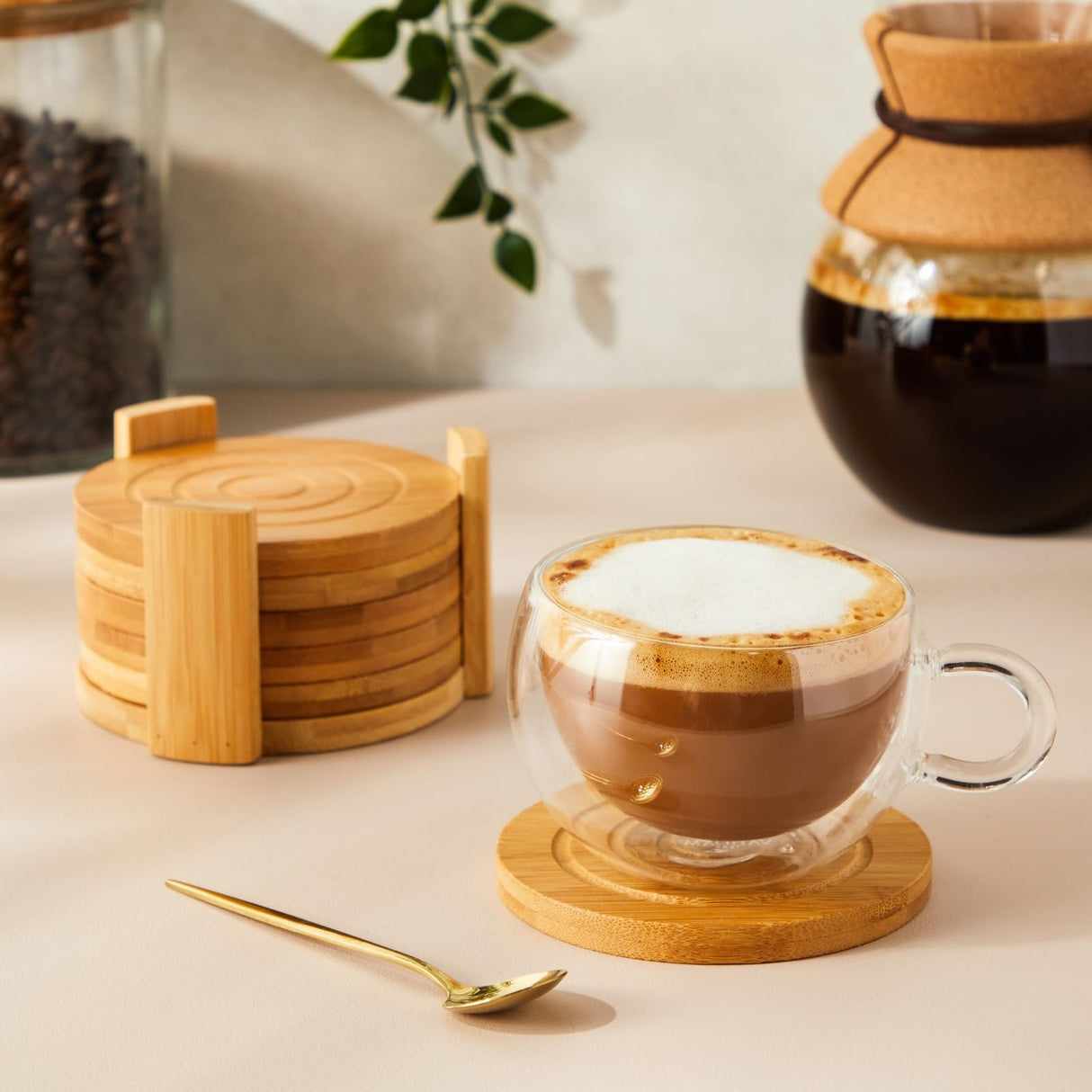 Juvale Set of 6 Bamboo Wood Coasters with Holder for Coffee Table, Hot Drinks, Beverages, Housewarming Gift (4.3 in) Juvale