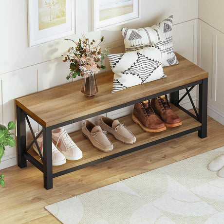 BON AUGURE Entryway Bench, Farmhouse Wooden Metal Entry Storage Bench, Rustic Shoe Benches with Shelf for Foyer, Mudroom, Bedroom, Hall, Entrance (Vintage Oak) BON AUGURE