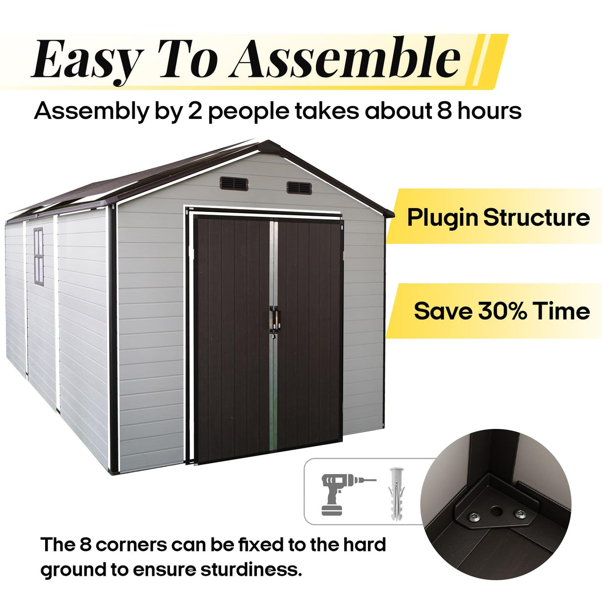 FammyLoft 8x14 FT Resin Storage Sheds Outdoor with Floor Included, Plastic Sheds & Outdoor Storage Clearance with 2 Windows and Lockable Door, Backyard Storage Sheds for Garden Tools, Brown+White FammyLoft