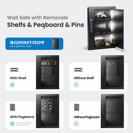 Grimtron Quick Access Wall Safe with Removable Pegboard & Shelfs, Flat Hidden Wall Safes Between The Studs 16" Centers, Black Wall Mount Safe for Valuables Grimtron