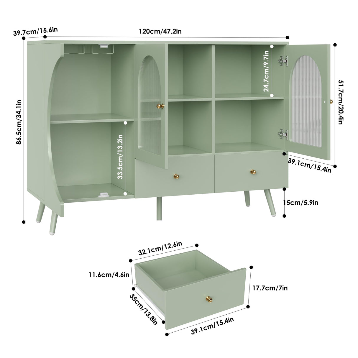 FACBOTALL Coffee Bar Cabinet, Buffet Sideboard Cabinet with 2 Drawers and Fluted Glass Door, Wine Bar Cabinet for Kitchen, Dining Room, Living Room, Modern Kitchen Storage Cabinet Green FACBOTALL
