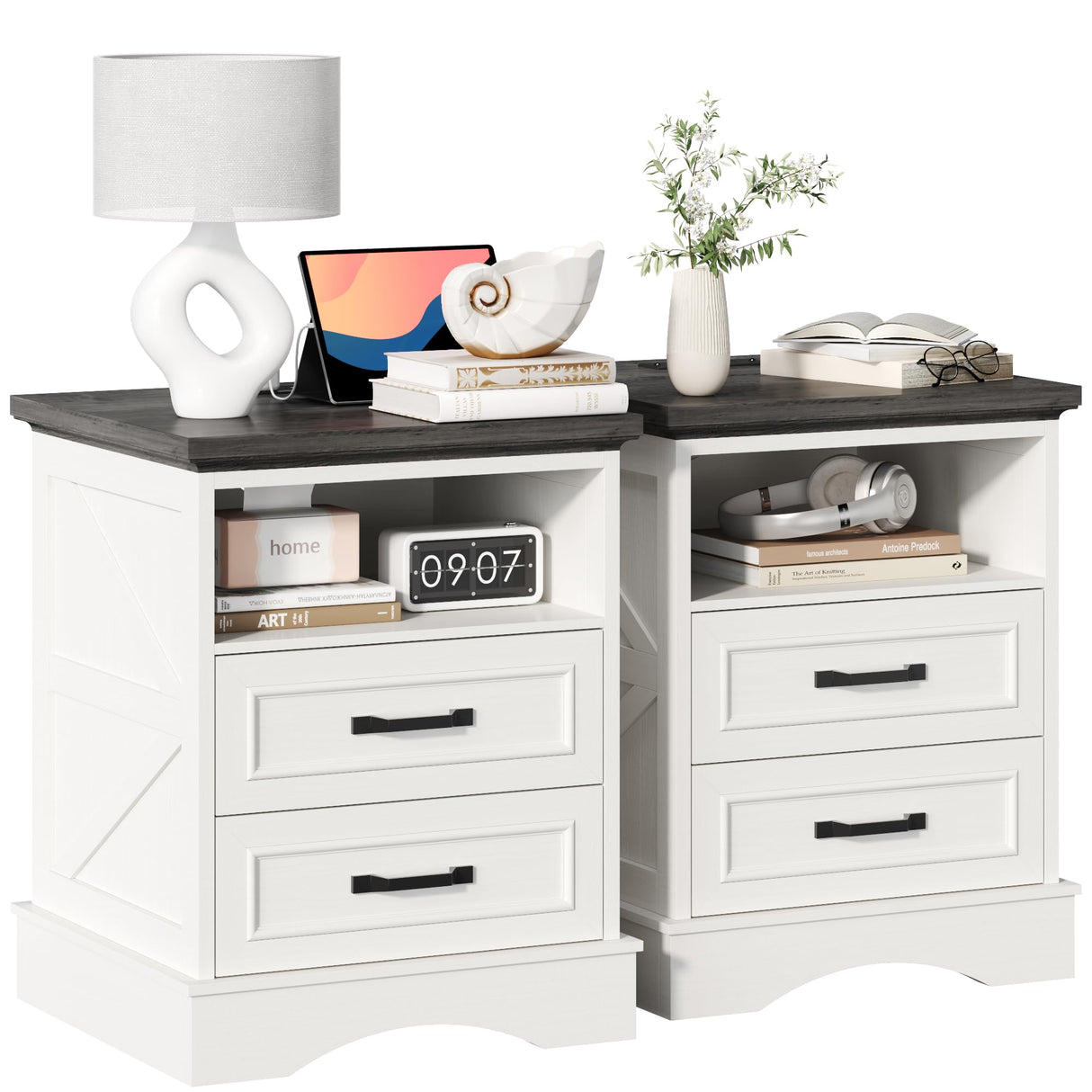 Fluest 24" Tall Farmhouse Nightstands Set of 2, Night Stands with Charging Station, Beside Tables with Drawers and Open Storage, Rustic End Tables for Bedroom, Antique White Fluest