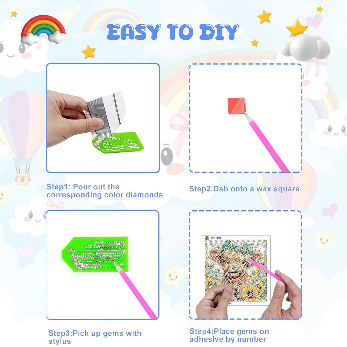 WEMEON Cow Diamond Art Painting Kits for Kids with Frame,Animal Diamond Art for Kids Ages 4-8-12,Package for Gift and Home Wall Decor(7x7inch) WEMEON