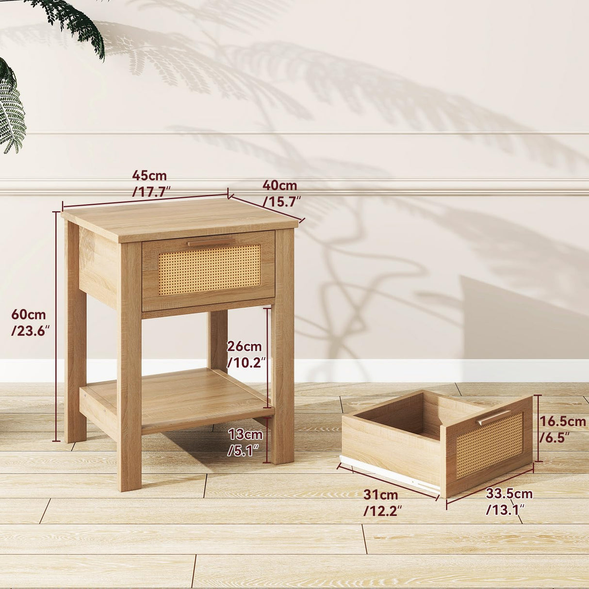 IBUYKE Rattan Nightstand Set of 2, Boho Night Stand with Drawer, Wood Bedside Tables with Storage Shelf, End Table with Legs for Bedroom, Natural UWNS011N-2 IBUYKE