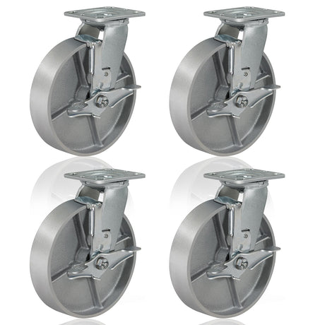 CWfutureparts 8" x 2" Caster Wheels, Heavy Duty Industrial Casters, Brake Caster Wheels with Roller Bearing - Semi Steel Cast Iron Wheels - 5200 Lbs Capacity Per Set of 4 CWfutureparts