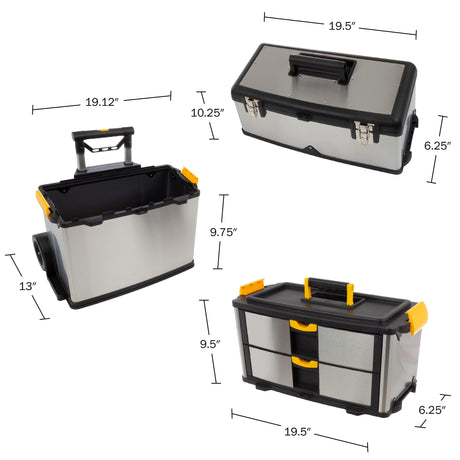 3-Part Portable Tool Box - Stainless-Steel Drawer Organizer with Wheels, Extendable Handle and Tough Latches - Rolling Tool Chest by Stalwart (Silver) Stalwart