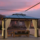 Jolydale Hardtop Gazebo, 10FTx12FT Polycarbonate Double Top Canopy, Aluminum Frame Permanent Pavilion with Curtains and Netting, for Lawns, Patios, Gardens Jolydale