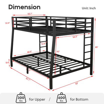 Olodumare Metal Full XL Over Queen Bunk Bed for Kids & Adults with Extra Thick Support Columns & Higher Guardrail, 2 Ladders, Squeak-Free, Heavy Duty, No Box Spring Needed, Easy Assembly, Black