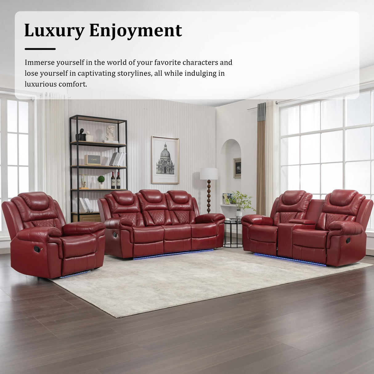 Olodumare 3 Pieces Living Room Furniture Sets,Recliner Leather Sectional Sofa, Home Theater Seating Manual Recliner with Center Console and LED Light Strip for Living Room, Office.Wine Red（3+2+1 Olodumare