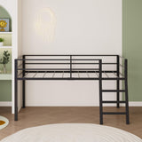 Lutown-Teen Low Loft Bed Twin Size, Junior Metal Twin Loft Bed with Stairs and Safety Guard, Noise Free for Small Bedroom, Black Lutown-Teen