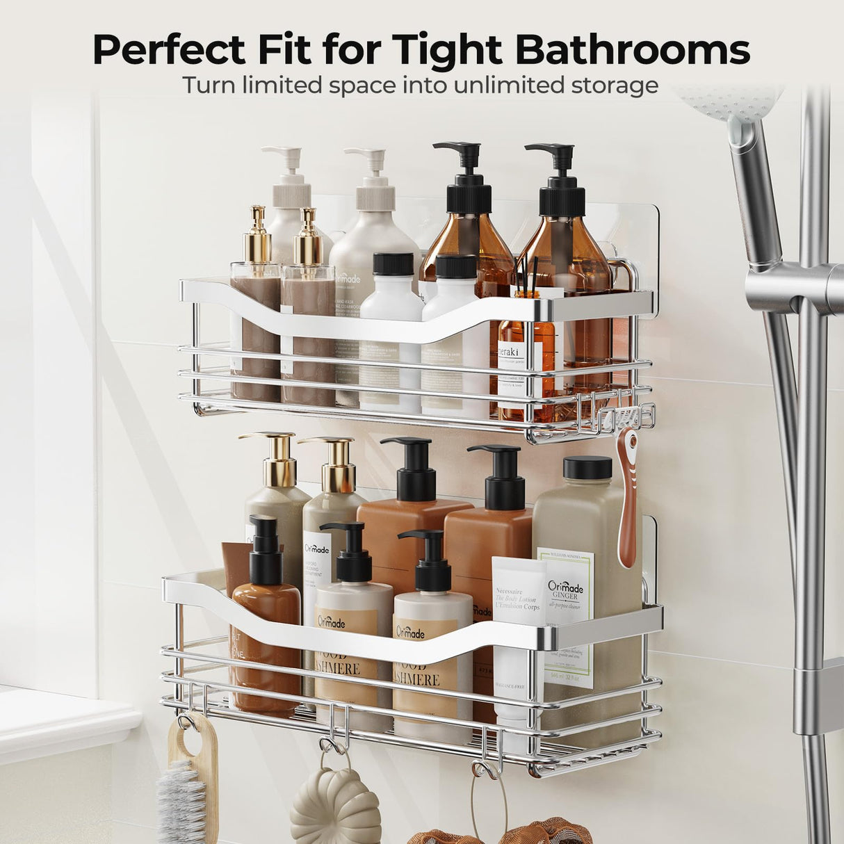 Orimade Shower Caddy Basket Shelf with 5 Hooks Adhesive Organizer Storage Rack Rustproof Wall Mounted Stainless Steel No Drilling for Bathroom, Toilet, Kitchen - 2 Pack Orimade