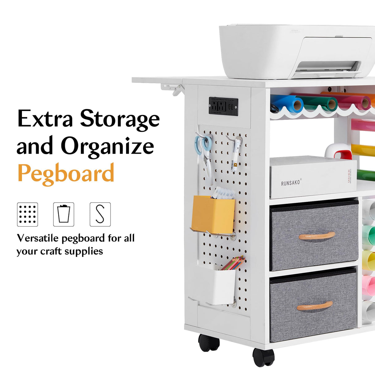 CRAFTEASE Rolling Craft Cart and Storage Table Compatible with Craft Machines Foldable Crafting Cabinets w/2 USB Ports and Outlets 31 Vinyl Rolls Holder Heat Press Organizer Workstation for Craft Room CRAFTEASE