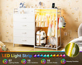 KKL 43" W White Dresser for Bedroom with Hanging Rack, Reversible 6 Drawers Dresser with Led Lights & Charging Station, Fabric Closet Dressers & Chest of Drawers with Clothes Rack for Girls, Kids KKL