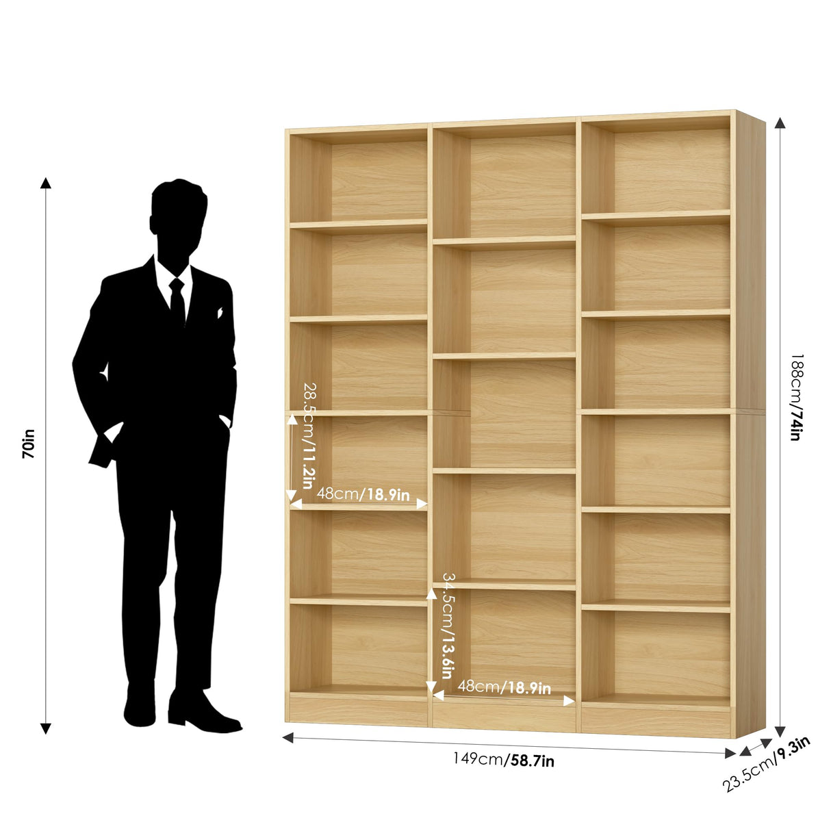 FACBOTALL Triple Wide Bookshelf, 6 Tier Large Bookshelf, Bookcase with 17 Open Display Shelves, 74'' Tall Bookcases and Bookshelves for Living Room, Home Office, Library, Natural FACBOTALL