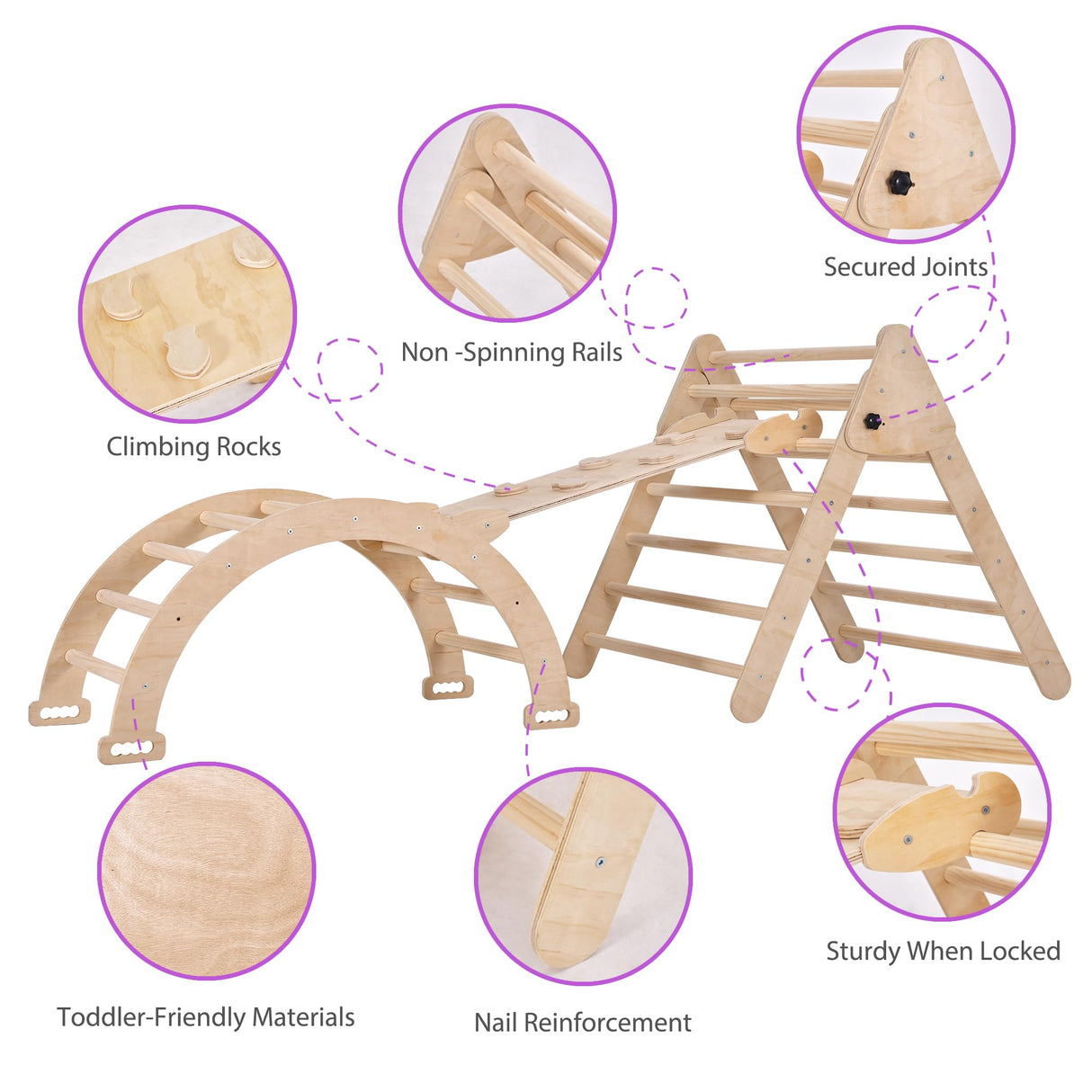 Agiyimi 4 in 1 Pikler Triangle Climber, Foldable Wooden Triangle Ladder Montessori Climbing Toys with Ramp Arch Climber Rocker Indoor Outdoor Gym Playground Climbing Toys for Toddlers(Natural) Agiyimi