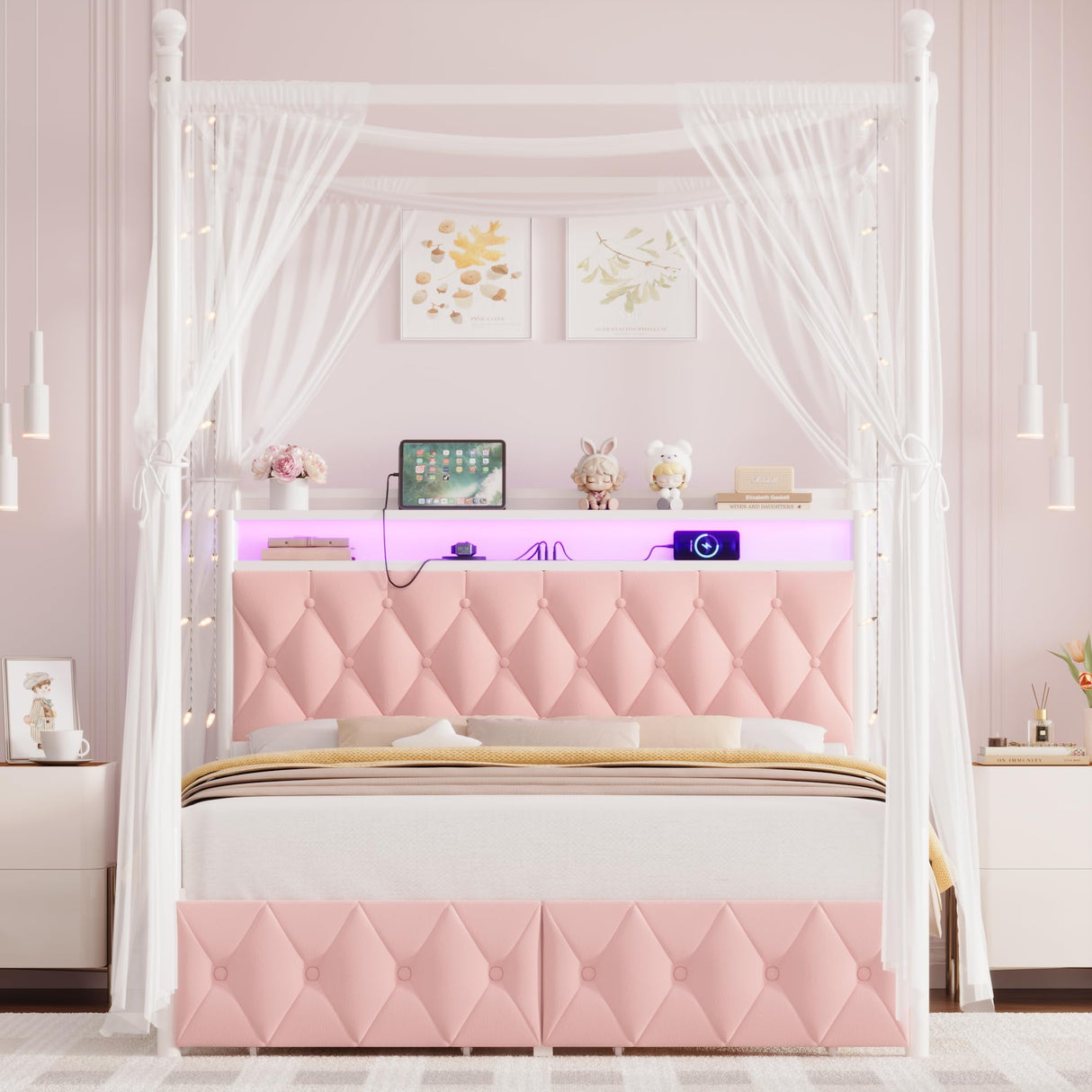 HIFIT Full Size Upholstered LED Canopy Bed Frame with Storage and Charging Station, Button Tufted Storage Headboard with Bookshelf, Two-Use Metal Platform Bed with 4 Removable Posts & 2 Drawers, Pink HIFIT