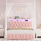 HIFIT Full Size Upholstered LED Canopy Bed Frame with Storage and Charging Station, Button Tufted Storage Headboard with Bookshelf, Two-Use Metal Platform Bed with 4 Removable Posts & 2 Drawers, Pink HIFIT