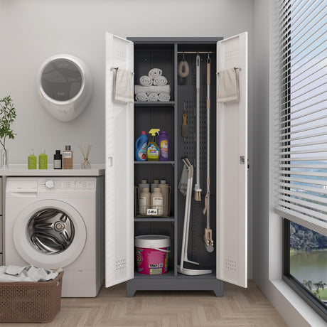 GREATMEET 65" H Broom Closet, Broom Closet Cabinet with Pegboard and Hanging Rod, Cleaning Tool Storage Cabinet, Tall Metal Utility Closet with Locking Doors for Bathroom, Garage GREATMEET