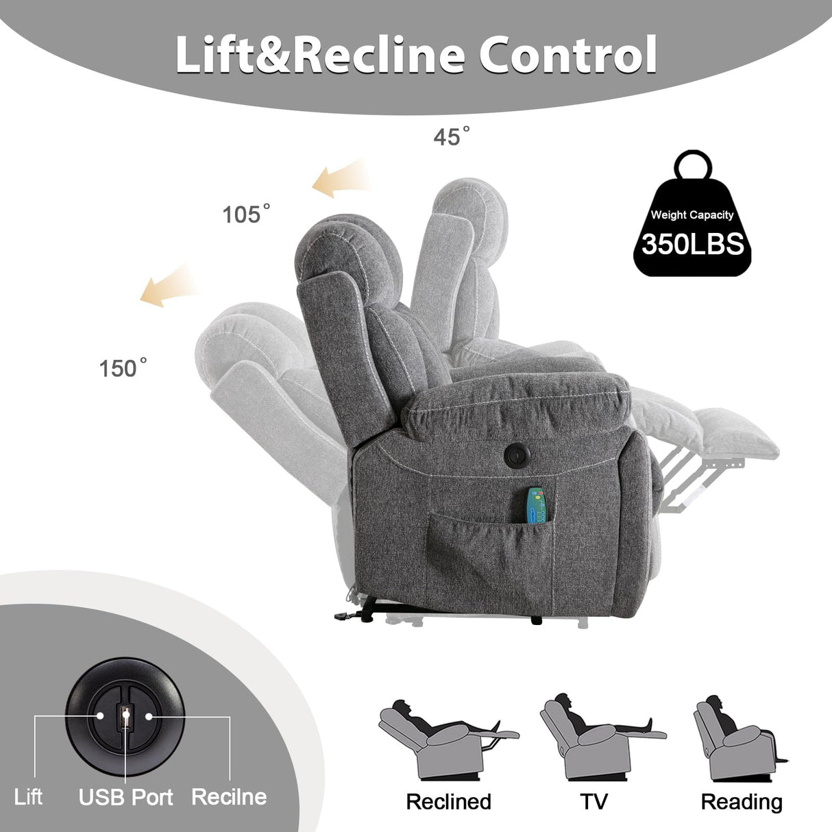 Phoenix Home Large Power Lift Recliner Chair with Massage and Heat for Elderly, Overstuffed Wide Recliners with 2 Cup Holders, Side Pocket and USB Port, Dark Gray Phoenix Home