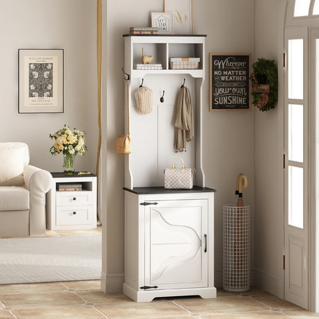 Maupvit Farmhouse Narrow Coat Rack with Shoe Storage, 6 Shoe Cubbies & 5 Coat Hooks, Entryway Furniture with Hall Tree, Ideal for hallways, living rooms and Mudrooms. Maupvit