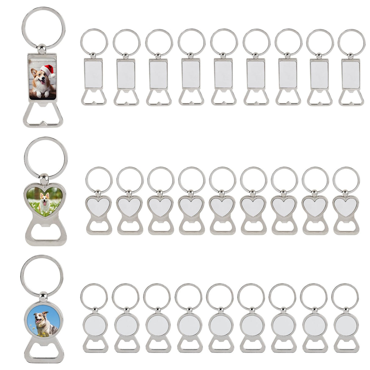 Framendino, 30 Pack Sublimation Metal Bottle Opener Transfer Blank Key Rings for DIY Photos 3 Styles Framendino