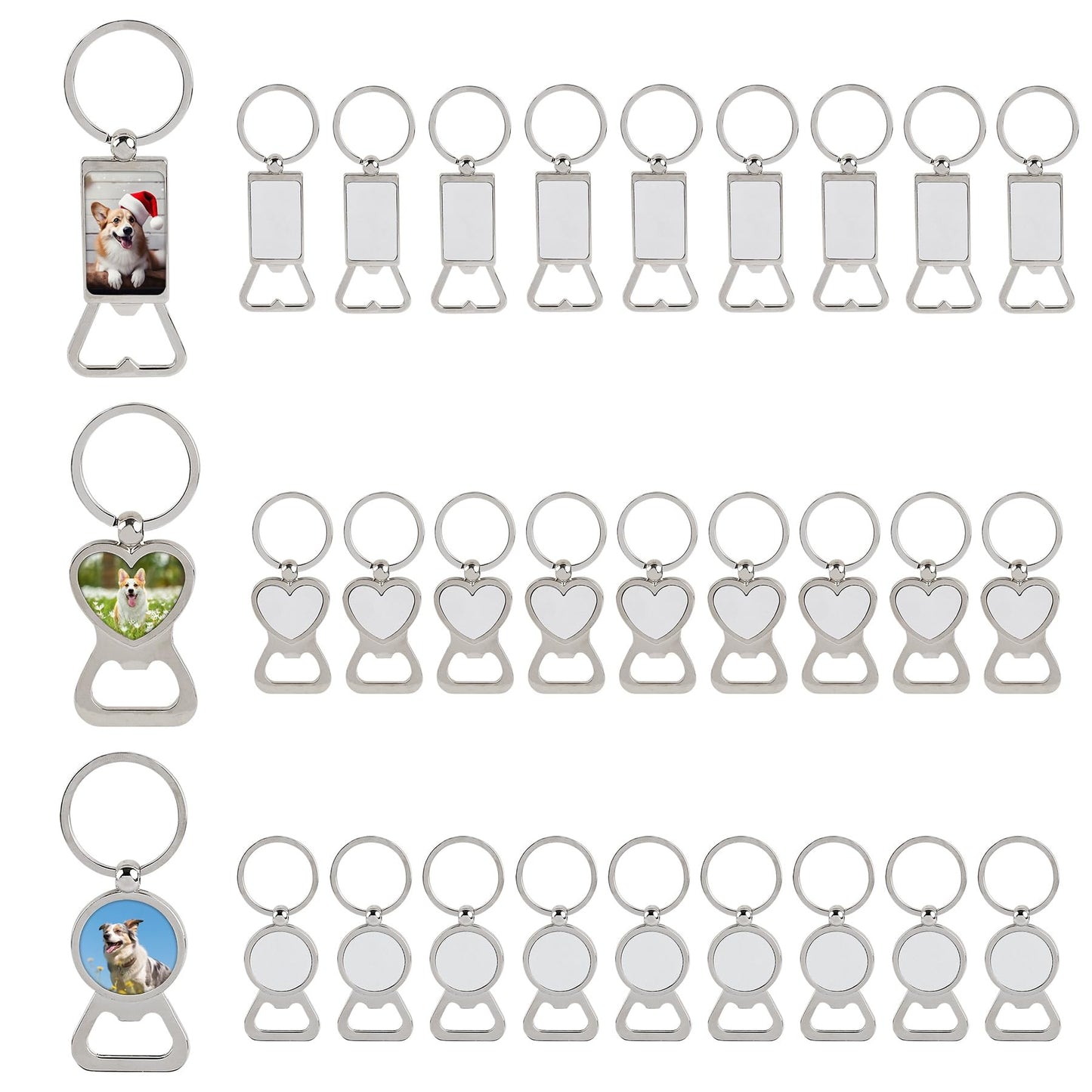 Framendino, 30 Pack Sublimation Metal Bottle Opener Transfer Blank Key Rings for DIY Photos 3 Styles