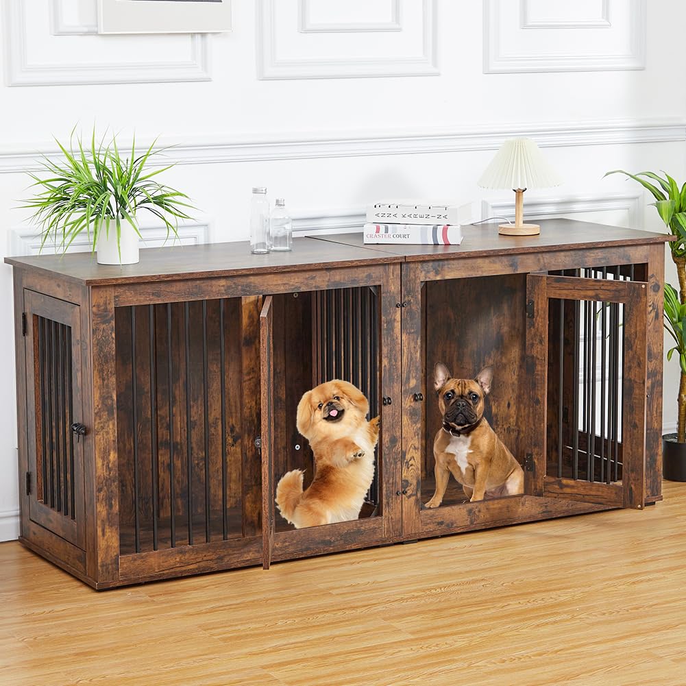 Large Dog Crate Furniture, Double Dog Kennel Furniture with 2 Drawers and Removable Divider, XXL Heavy Duty Wood Dog Crate Table for 2 Dogs Indoor (Rustic Brown, 71in) - WoodArtSupply