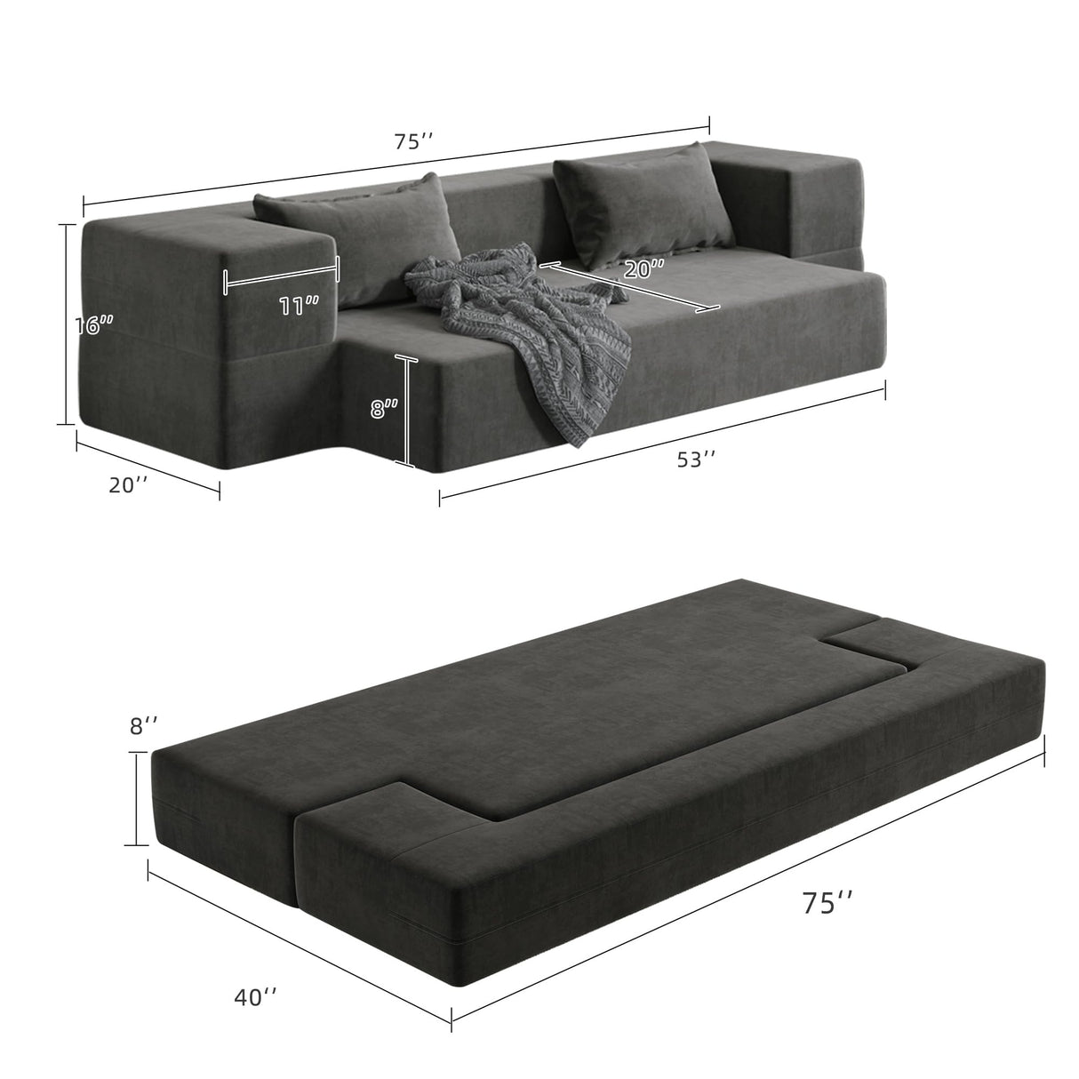 Luoxiao Folding Sofa Bed 2-in-1 Convertible Twin Sleeper Sofa Futon with 2 Pillows - Floor Couch & Bed Mattress for Apartments, College Dorms, Guest Room, Living Room, Dark Grey Luoxiao