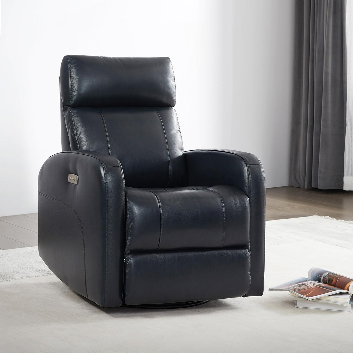 CHITA Genuine Leather Power Swivel Glider Recliner Chair for Adults, FSC Certified Electric Nursery Rocker Recliner Chair for Living Room, Navy Blue CHITA