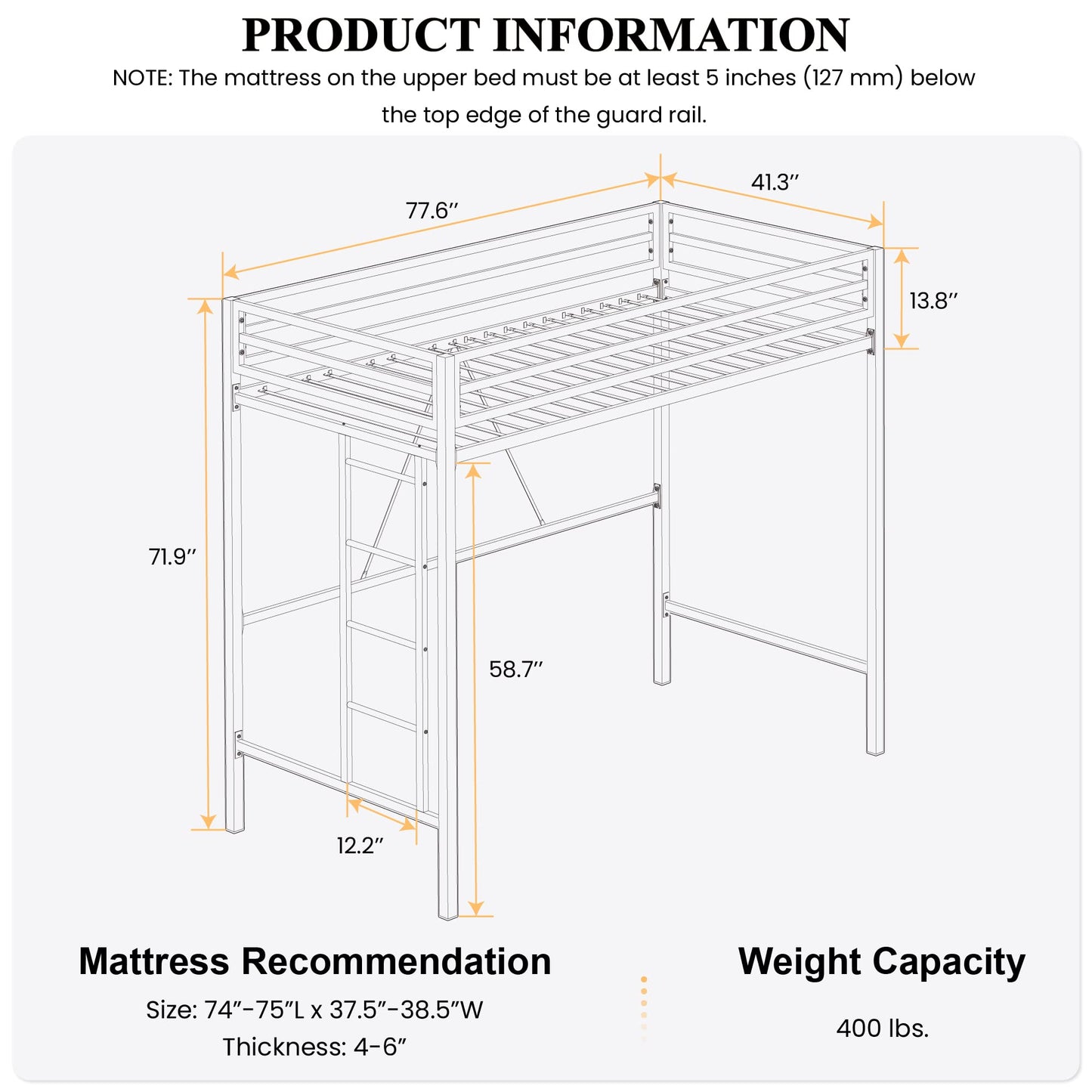 Heavy Duty SHA CERLIN Junior Loft Bed Twin Size with Full-Length Guardrail & Removable Stairs, Space-Saving Design, Noise-Free, Black