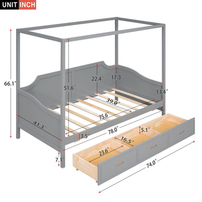 Harper & Bright Designs Twin Canopy Bed with Storage Drawers, Twin Daybed Wood Frame, Modern 4 Poster Platform Bed for Kids, Teens, Adults, No Box Spring Needed (Twin Size, Gray)