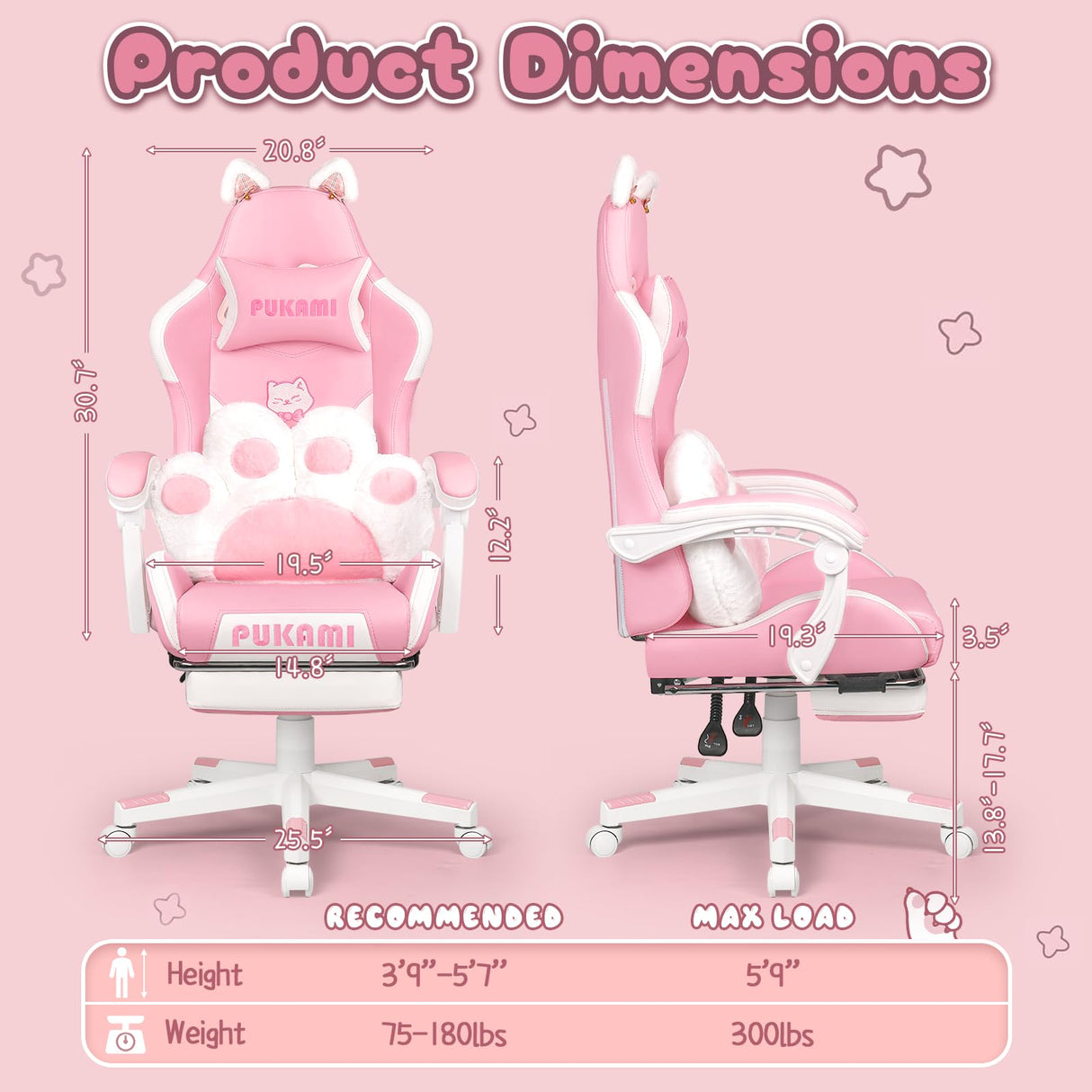 PUKAMI Pink Gaming Chair Cute with Cat Ears and Cat Paw Lumbar Cushion, Ergonomic Computer Chair for Girl with Footrest and Headrest, Comfortable Reclining PC Game Chair for Adult, Teen, Pink PUKAMI