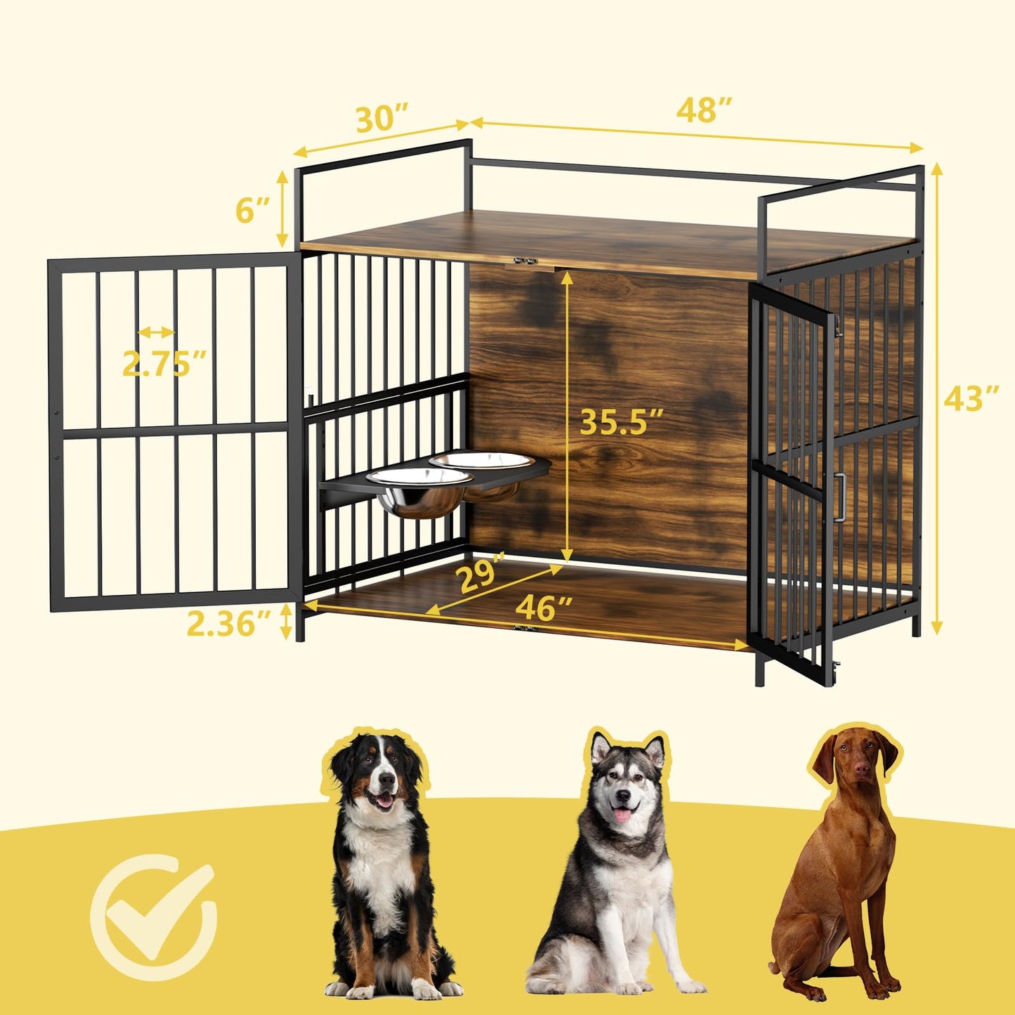 ROOMTEC Dog Crate Furniture-Style Cages for Large Dogs Indoor Heavy Duty Super Sturdy Dog Kennels with 2 Stainless Steel Bowls (48Inch = Int.dims: 46" W x 29" D x 35.5" H)