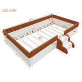 PU Upholstered Floor Bed with Fence and Stairs, Twin Floor Bed with Slats, Montessori Floor Bed for Kids, Girls, Boys, Twin Size Montessori Bed (Brown+White) Bellemave
