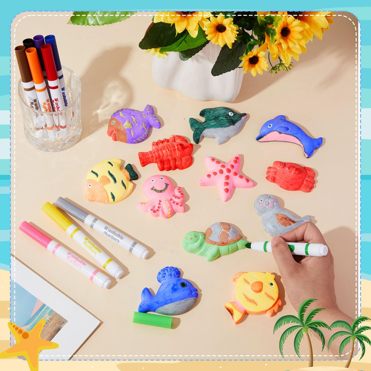 Janlaugh 22 Pcs Ocean Animals Ceramic Painting Kit with 10 Washable Markers Sea DIY Animals Ceramic Figurines to Paint, Paint Your Own Dolphin Octopus Turtle Starfish Seal Whale Toy Crafts for Kid Janlaugh