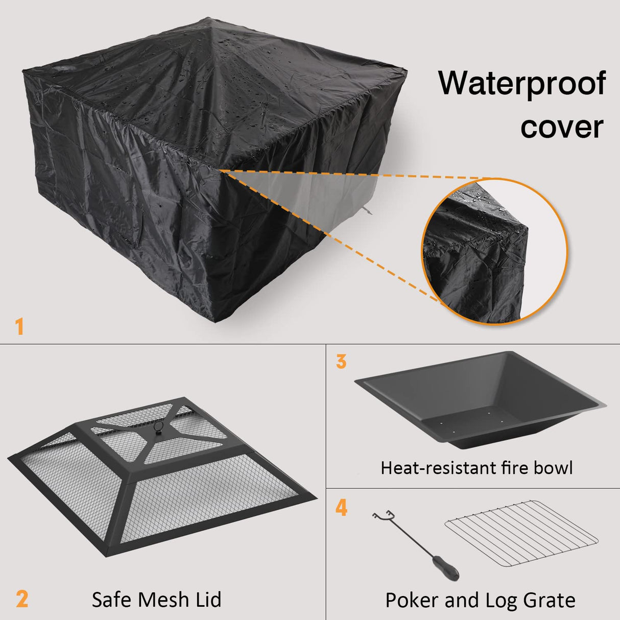 Flamaker Outdoor Fire Pit 32 Inch Patio Square Metal Firepit with Cover Poker & Grate Wood Burning Fireplace Backyard Stove for Outside Heating Camping Flamaker