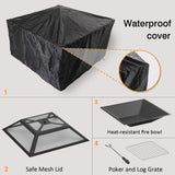 Flamaker Outdoor Fire Pit 32 Inch Patio Square Metal Firepit with Cover Poker & Grate Wood Burning Fireplace Backyard Stove for Outside Heating Camping Flamaker