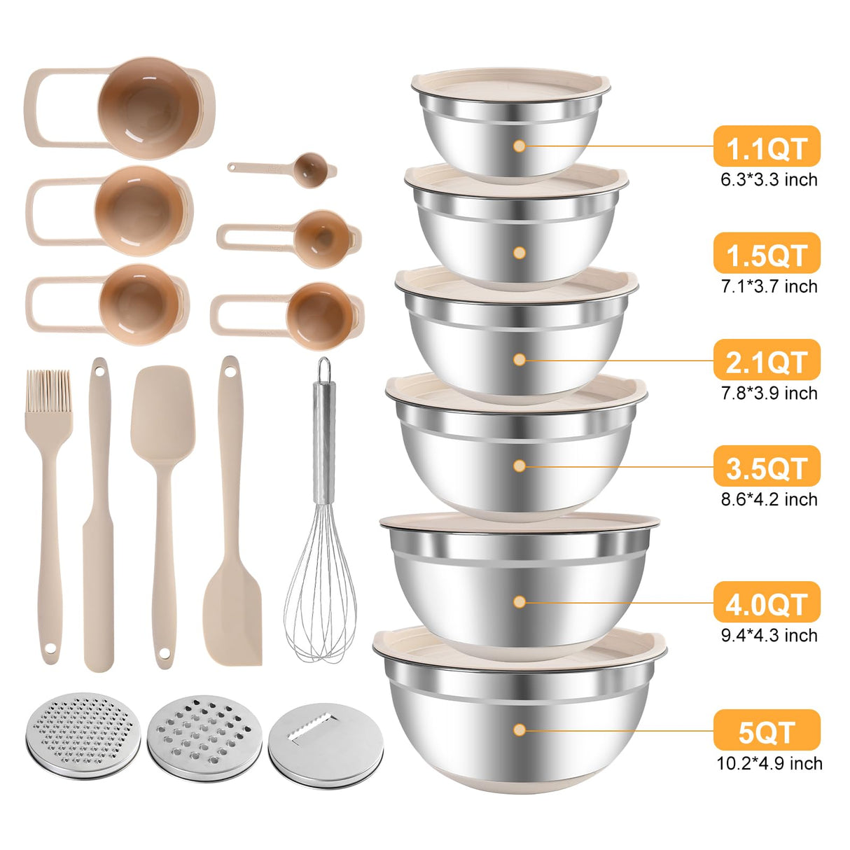 Mixing Bowls with Airtight Lids Set, 20 PCS Kitchen Gadgets Set, 6 Stainless Steel Bowls, 3 Grater Attachments, Non-Slip Silicone Bottoms, Great for Serving&Baking, Size 5, 4, 3.5, 2.1, 1.5, 1.1QT ENVTEK