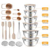 Mixing Bowls with Airtight Lids Set, 20 PCS Kitchen Gadgets Set, 6 Stainless Steel Bowls, 3 Grater Attachments, Non-Slip Silicone Bottoms, Great for Serving&Baking, Size 5, 4, 3.5, 2.1, 1.5, 1.1QT ENVTEK
